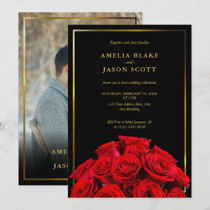 Red Roses boeket   Zwart Goud Lijst Fotobruiloft Kaart