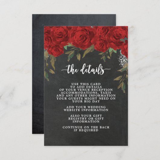 Red Roses Boho Wedding Details Kaart (Voorkant / Achterkant)