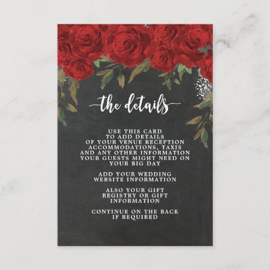 Red Roses Boho Wedding Details Kaart (Voorkant)