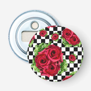 Red Roses Bouquet Floral Love Rockabilly Checkered Button Flesopener