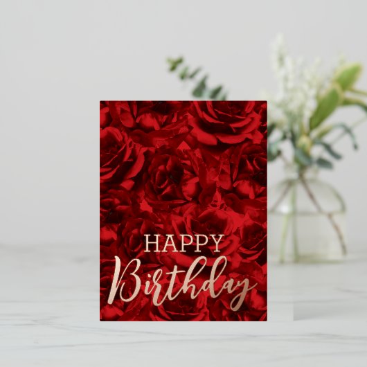 Red Roses Bouquets Happy Birthday Folie Feestdagen Briefkaart (Staand Voorkant)
