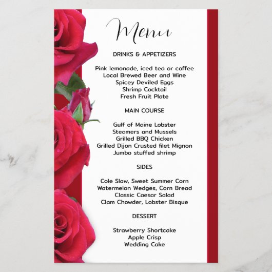 Red Roses Budget Wedding Menu Sjabloon Papier (Voorkant)