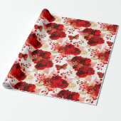 Red Roses Bunch Sparky Floral Glitter Gold White Cadeaupapier (Uitgerold)