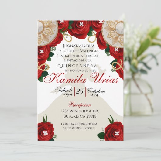 Red Roses Charra Quinceañera Kaart (Staand voorkant)