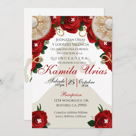 Red Roses Charra Quinceañera Kaart (Voorkant / Achterkant)
