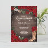 Red Roses Charra Rustic Cowgirl Boots Quinceañera Kaart (Staand voorkant)