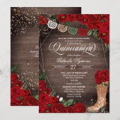 Red Roses Charra Rustic Cowgirl Boots Quinceañera Kaart (Voorkant / Achterkant)