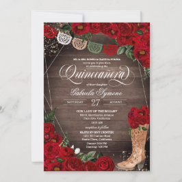Red Roses Charra Rustic Cowgirl Boots Quinceañera Kaart