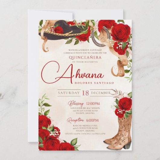 Red Roses  Charro Western Quinceanera Kaart (Voorkant)