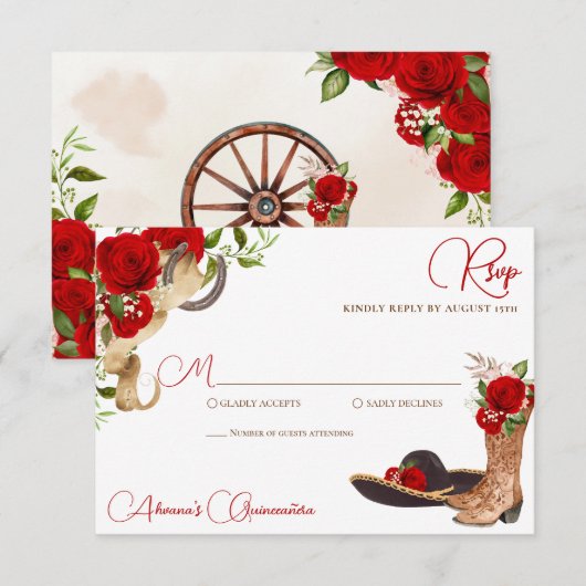 Red Roses  Charro Western Quinceanera RSVP Kaartje (Voorkant / Achterkant)