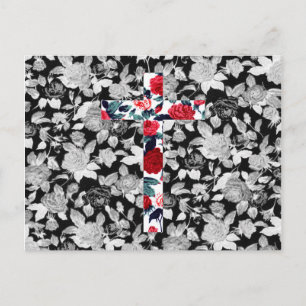 Red Roses Cross & Black and White Floral Pattern Briefkaart