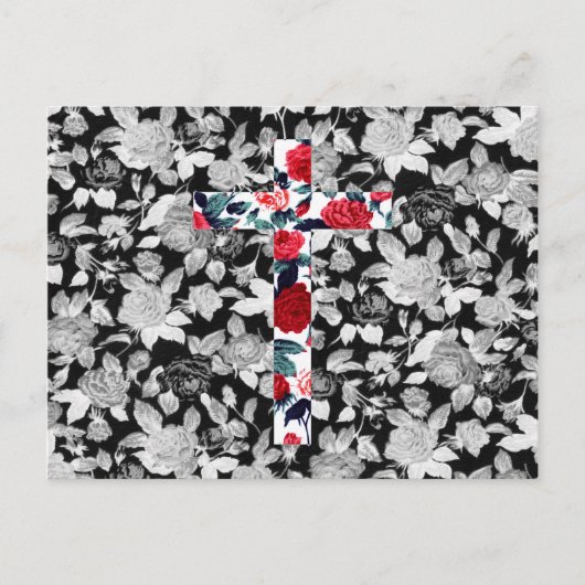 Red Roses Cross & Black and White Floral Pattern Briefkaart (Voorkant)