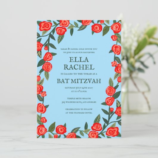 Red Roses Custom B'nai Bat Bar Mitzvah QR Code Kaart (Staand voorkant)