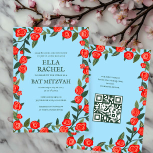 Red Roses Custom B'nai Bat Bar Mitzvah QR Code Kaart