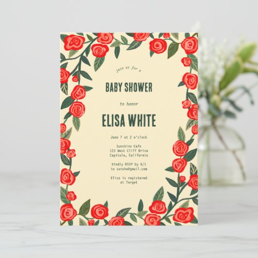 Red Roses CUSTOM QR Code BABY SHOWER Kaart (Staand voorkant)