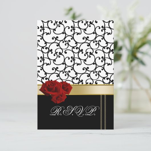 Red Roses Damask RSVP kaarten standaard 3,5 x 5 (Staand voorkant)