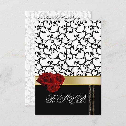 Red Roses Damask RSVP kaarten standaard 3,5 x 5 (Voorkant / Achterkant)