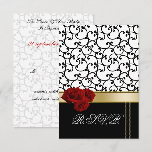 Red Roses Damask RSVP kaarten standaard 3,5 x 5 Kaartje (Voorkant / Achterkant)