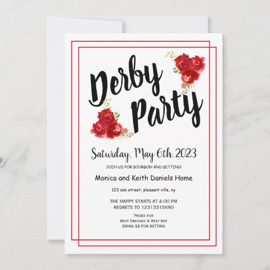 Red Roses Derby Party Invitation Kaart (Voorkant)