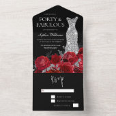 Red Roses Diamond Gown Black 40th Birthday Party All In One Uitnodiging (Binnen)