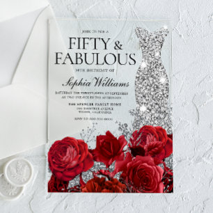 Red Roses Diamond Gown Black 50th Birthday Party Acryl Uitnodigingen