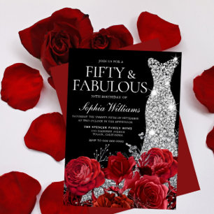 Red Roses Diamond Gown Black 50th Birthday Party Kaart