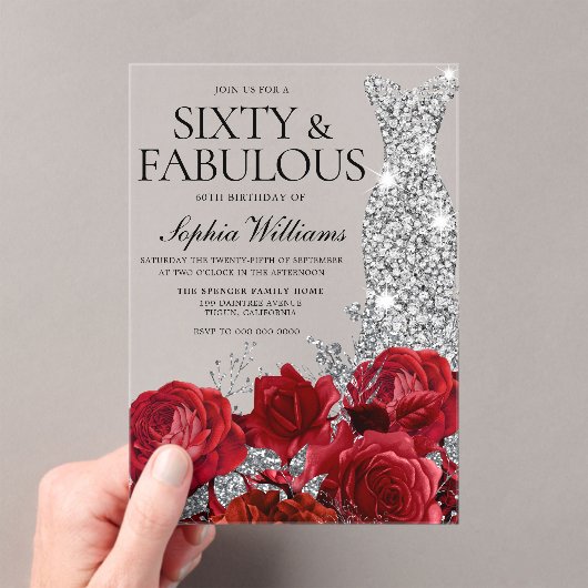 Red Roses Diamond Gown Black 60th Birthday Party Acryl Uitnodigingen (Insitu (Draagbaar))