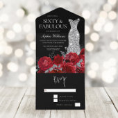 Red Roses Diamond Gown Black 60th Birthday Party All In One Uitnodiging