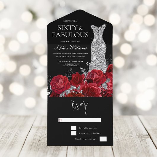 Red Roses Diamond Gown Black 60th Birthday Party All In One Uitnodiging