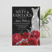 Red Roses Diamond Gown Black 60th Birthday Party Kaart (Staand voorkant)