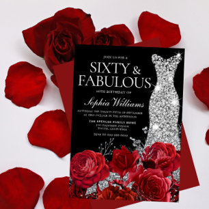 Red Roses Diamond Gown Black 60th Birthday Party Kaart
