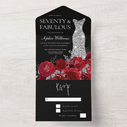 Red Roses Diamond Gown Black 70th Birthday Party All In One Uitnodiging (Binnen)
