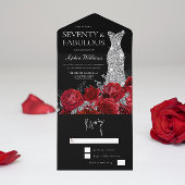 Red Roses Diamond Gown Black 70th Birthday Party All In One Uitnodiging