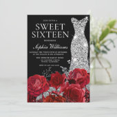 Red Roses Diamond Gown Black Sweet 16 verjaardag Kaart (Staand voorkant)