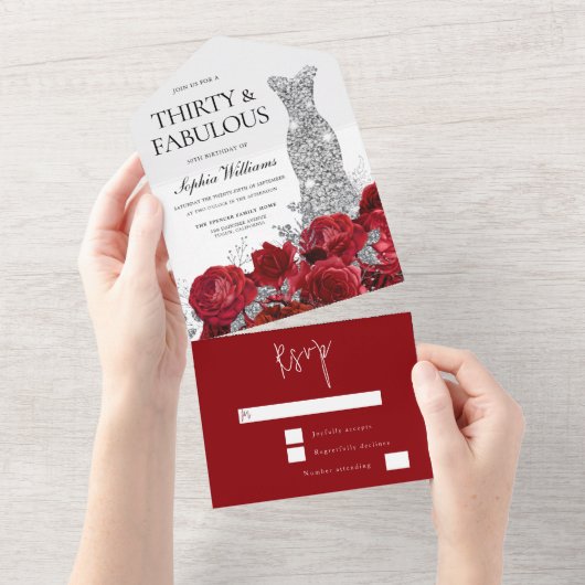 Red Roses Diamond Gown Dress 30th Birthday Party All In One Uitnodiging (Afscheurbaar)