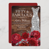 Red Roses Diamond Gown Rustic 50th Birthday Kaart (Voorkant / Achterkant)