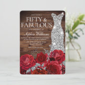 Red Roses Diamond Gown Rustic 50th Birthday Kaart (Staand voorkant)