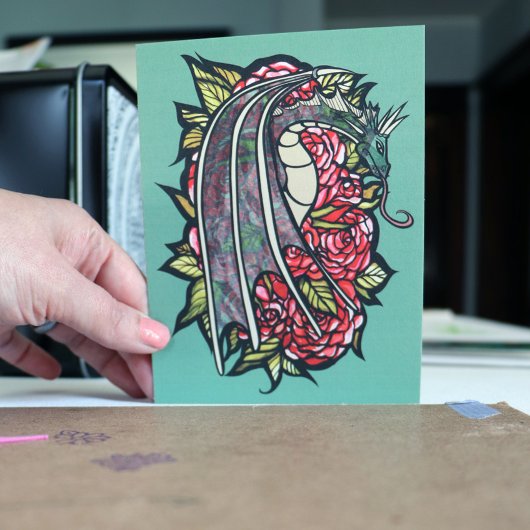 Red Roses Dragon Art Briefkaart