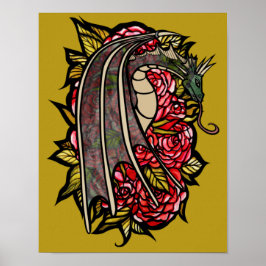 Red Roses Dragon Art Poster