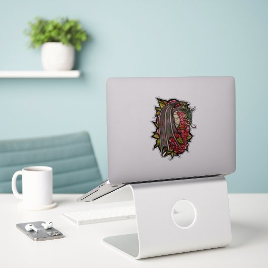 Red Roses Dragon Art Sticker (Laptop op bureau)