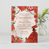 Red Roses Elegant Charro Mariachi Quinceanera Kaart (Staand voorkant)