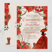 Red Roses Elegant Charro Mariachi Quinceanera Kaart (Voorkant / Achterkant)