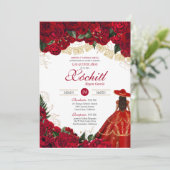 Red Roses Elegant Charro Quinceanera Kaart (Staand voorkant)