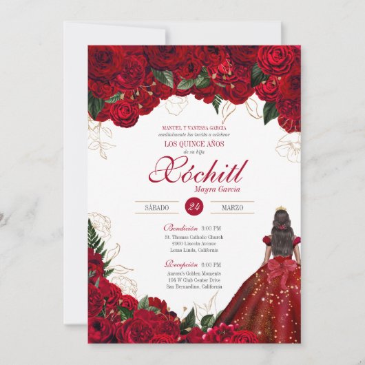 Red Roses Elegant Floral Beauful Quinceanera Kaart (Voorkant)