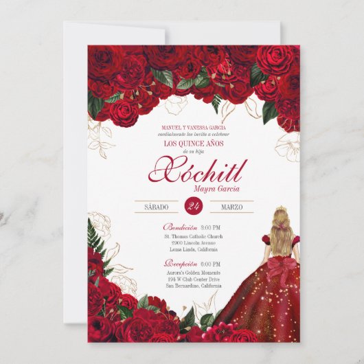 Red Roses Elegant Floral Beauful Quinceañera Kaart (Voorkant)
