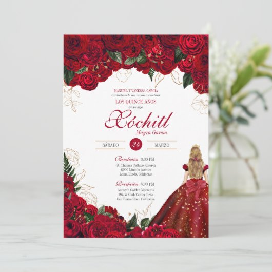 Red Roses Elegant Floral Beauful Quinceañera Kaart (Staand voorkant)