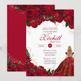 Red Roses Elegant Floral Beauful Quinceañera Kaart