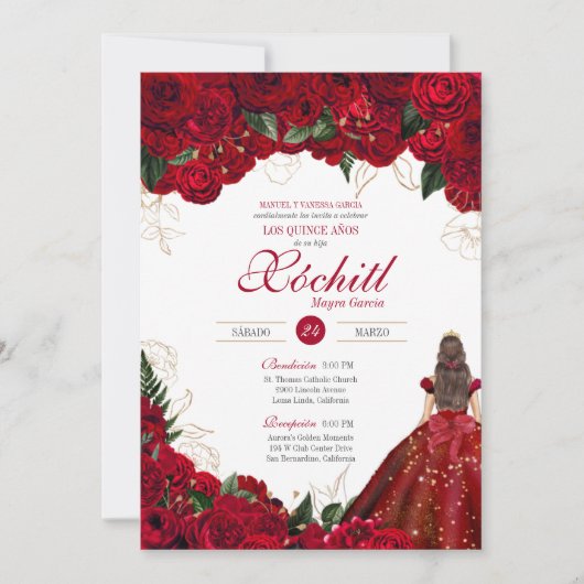 Red Roses Elegant Floral Beauful Quinceanera Kaart (Voorkant)