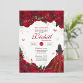 Red Roses Elegant Floral & Butterfly Quinceanera Kaart (Staand voorkant)