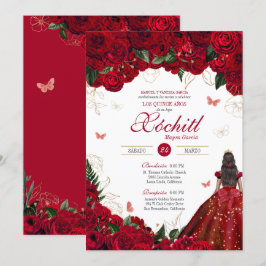 Red Roses Elegant Floral & Butterfly Quinceanera Kaart